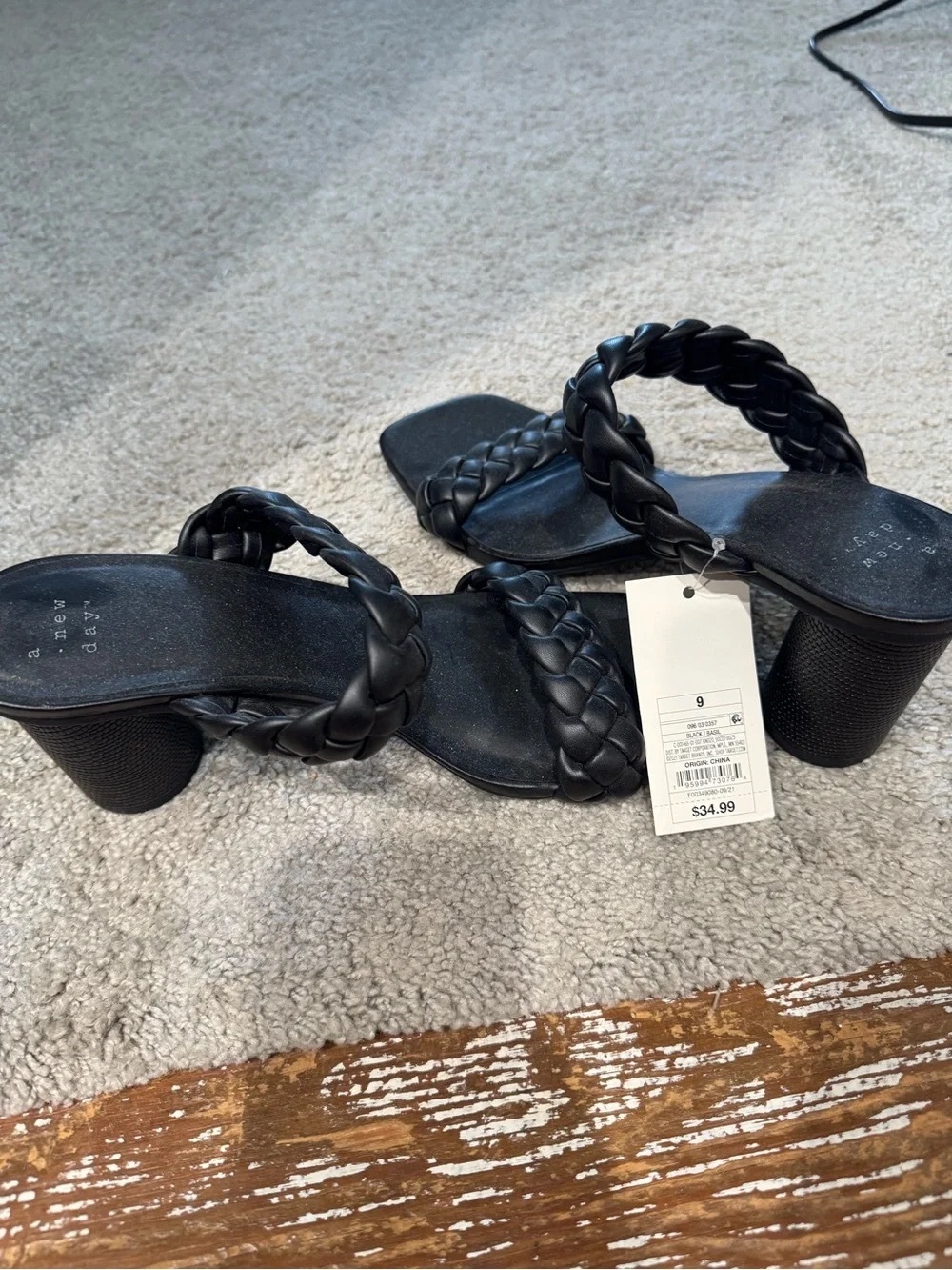 Time and Tru Black Braided Double Strap Block Heel Sandals